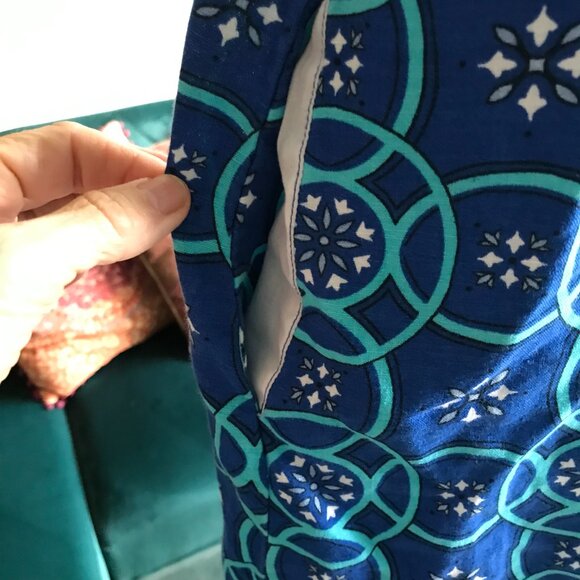LIZ CLAIBORNE size XL Blue Geometric Print Sleeveless Linen Blend Dress Pockets - Picture 4 of 5
